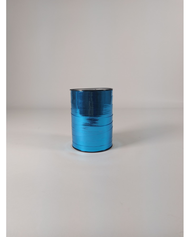 Shiny, finely textured metal ribbon measuring 10 mm x 250 meters.